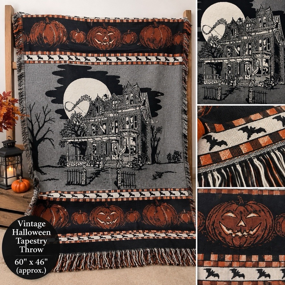 Vintage Halloween Haunted House Tapestry Throw 60x46 Pumpkin Bats Fringe